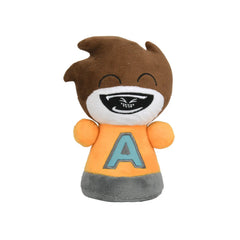 A plush toy character with brown hair, a white face, a black mouth, and an orange shirt featuring a light blue letter 'A' on the front, set against a plain white background.