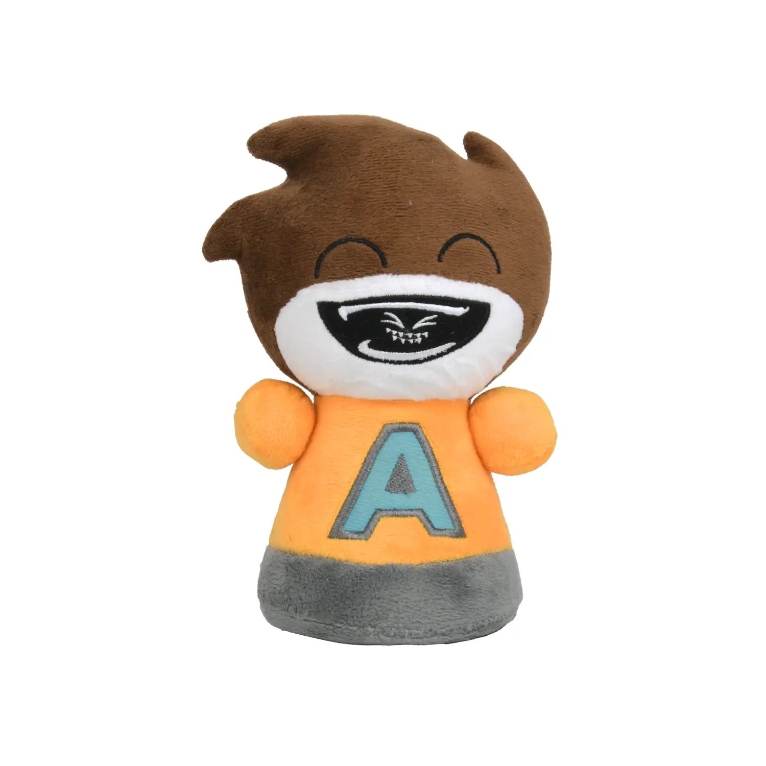 A plush toy character with brown hair, a white face, a black mouth, and an orange shirt featuring a light blue letter 'A' on the front, set against a plain white background.