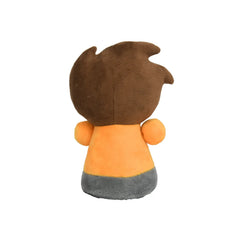 A plush toy character with brown hair, a white face, a black mouth, and an orange shirt featuring a light blue letter 'A' on the front, set against a plain white background.