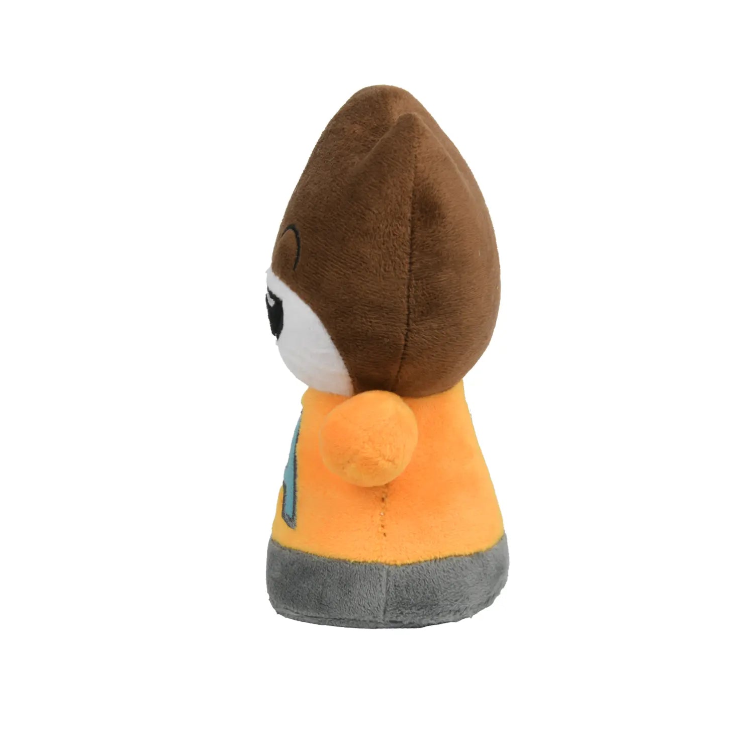 A plush toy character with brown hair, a white face, a black mouth, and an orange shirt featuring a light blue letter 'A' on the front, set against a plain white background.