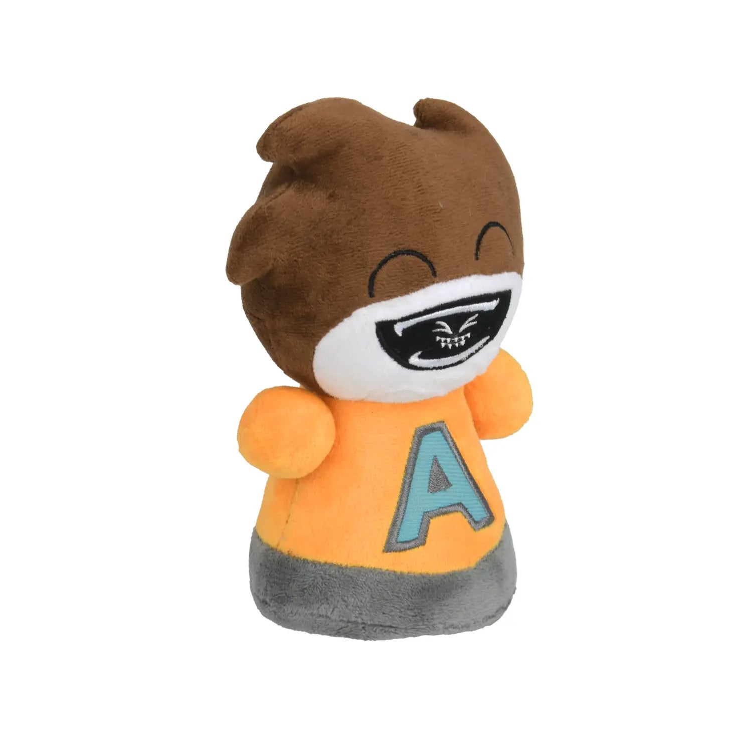 A plush toy character with brown hair, a white face, a black mouth, and an orange shirt featuring a light blue letter 'A' on the front, set against a plain white background.