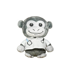 A plush monkey toy wearing a white shirt with black circular graphics and a small blue accent, photographed against a plain white background.