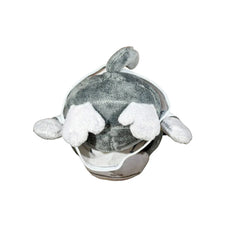A plush monkey toy wearing a white shirt with black circular graphics and a small blue accent, photographed against a plain white background.